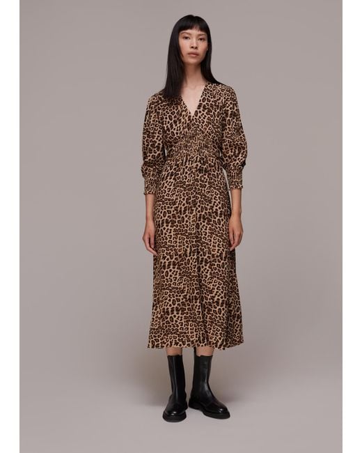 Whistles Brown Jungle Cheetah Shirred Dress