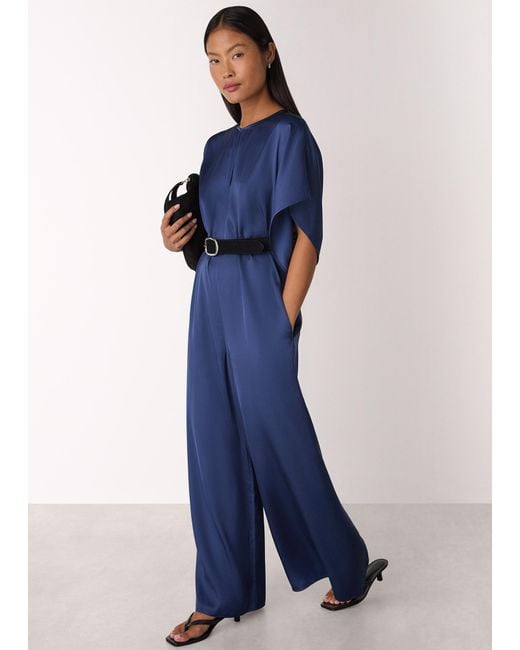 Whistles Blue Petite Satin Short Sleeve Jumpsuit