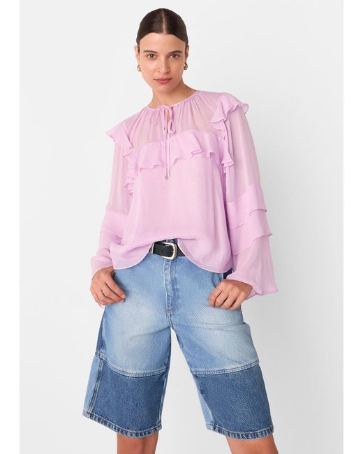 Whistles Blue Sheer Tie Neck Frill Blouse