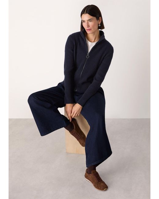 Whistles Blue Wool Zip Front Rib Cardigan