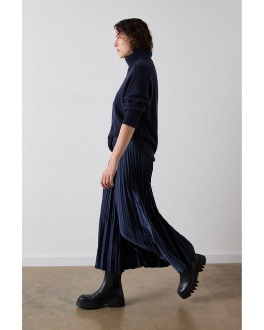 Whistles Blue Satin Pleated Midi Skirt