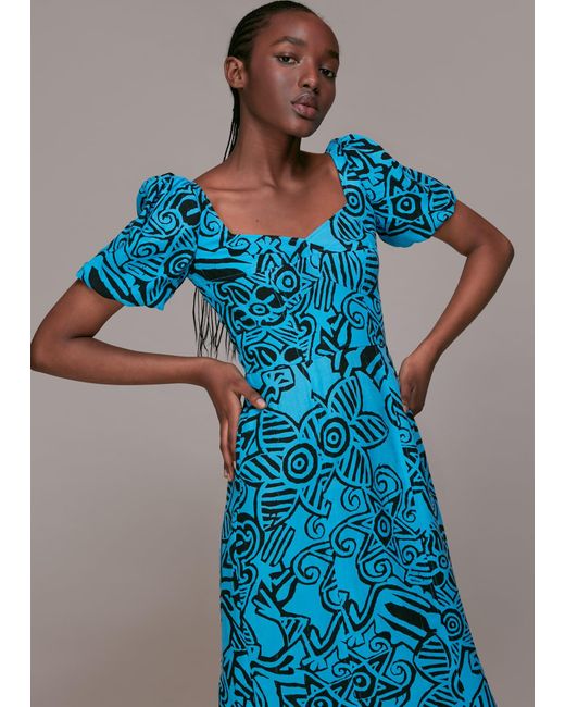 Whistles Blue Starflower Puff Sleeve Dress