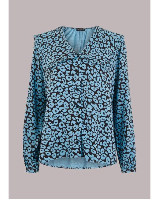 Whistles Blue Fuzzy Leopard Collar Top