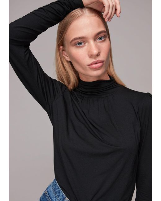 Whistles Black High Neck Ruched Sleeve Top