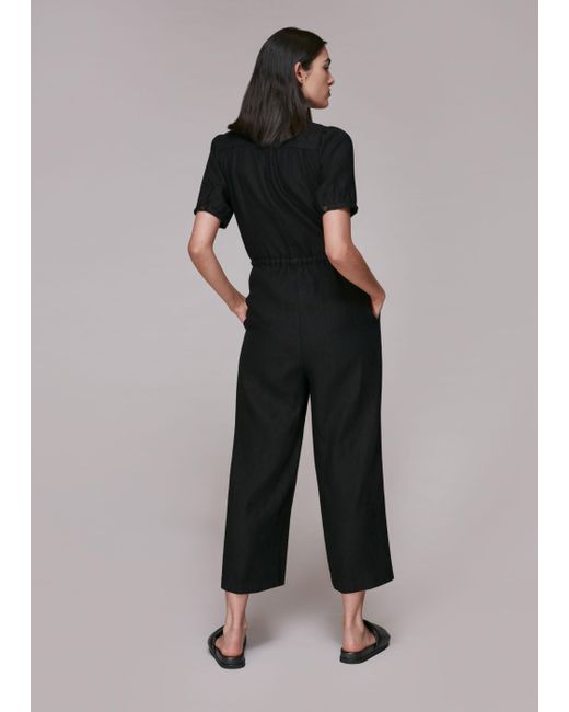 Whistles Black Button Front Linen Jumpsuit