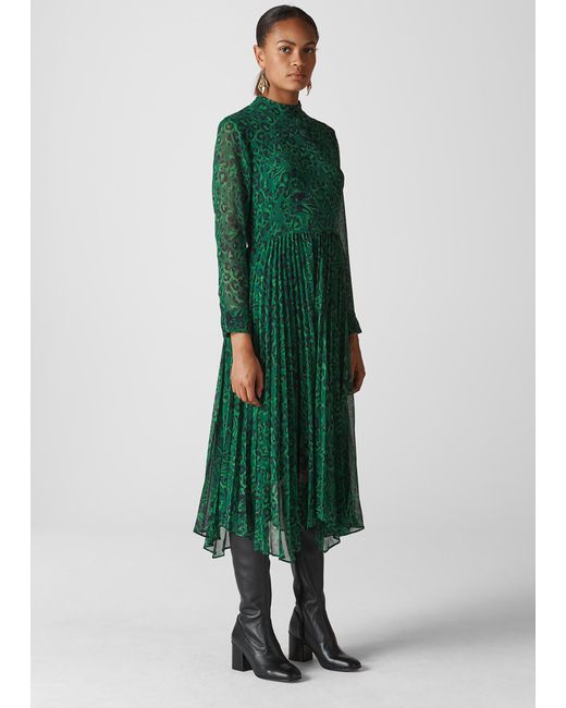 Whistles Green Jungle Cat Pleated Dress