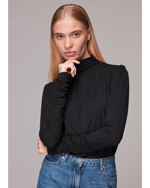 Whistles Black High Neck Ruched Sleeve Top