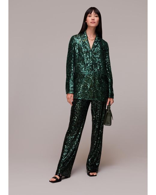 Whistles Green Sequin Single Breasted Blazer