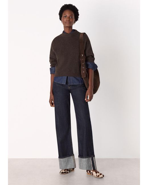 Whistles Brown Wool Curved Hem Knit