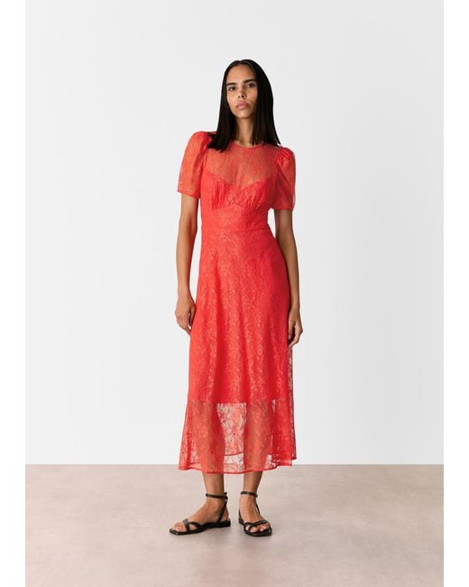 Whistles Red Fay Lace Midi Dress