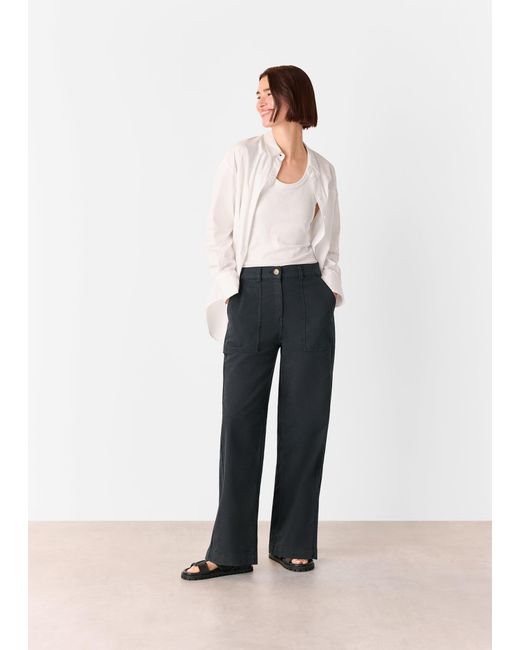 Whistles Black Cotton Wide Leg Trouser
