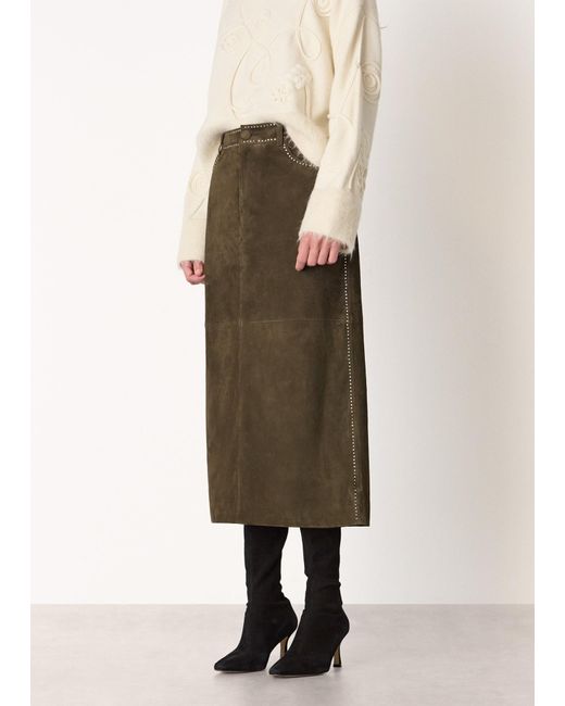 Whistles Natural Suede Studded Column Skirt