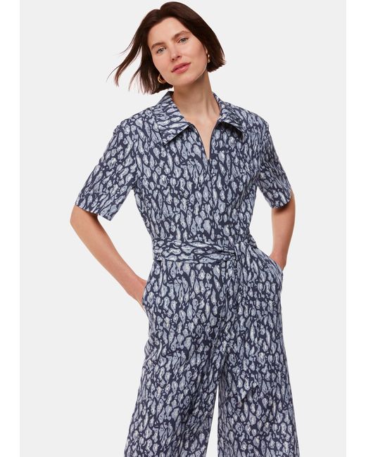Whistles Blue Leopard Linen Blend Jumpsuit