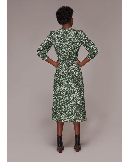 Whistles Green Clouded Leopard Shirred Dress