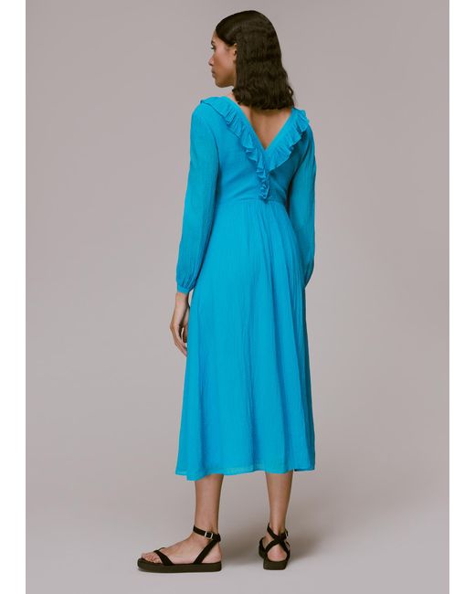 Whistles Blue Ruffle Detail Midi Dress
