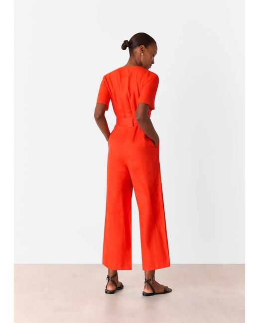 Whistles Red Petite Fiona Linen Button Jumpsuit