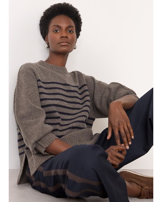 Whistles Gray Wool Stripe Crew Neck Knit