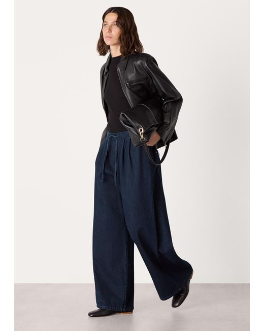 Whistles Blue Cotton Wide Leg Pleat Trouser