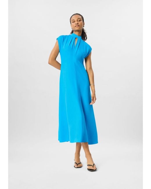 Whistles Blue Petite Twist Neck Crepe Midi Dress