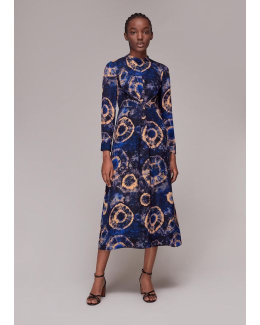 Whistles Blue Elena Tie Dye Silk Midi Dress