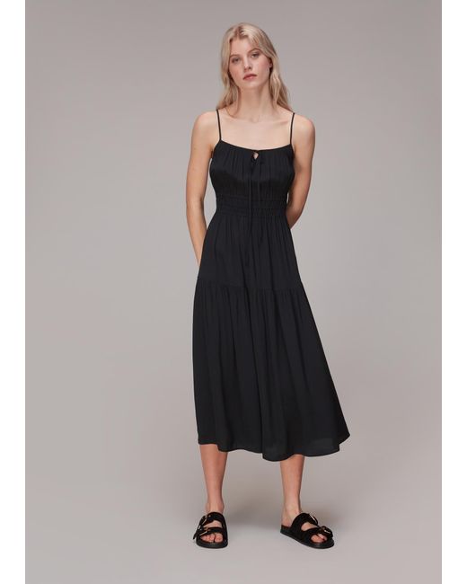 Whistles Black Gracie Crepe Smocked Dress