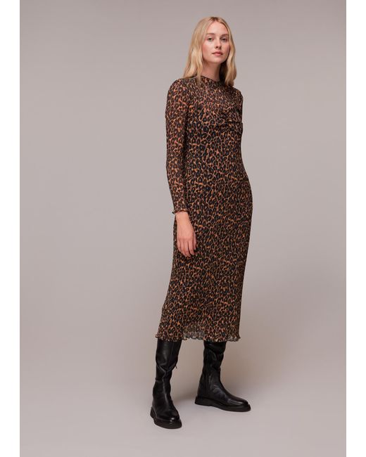Whistles Brown Leopard Plisse Midi Dress