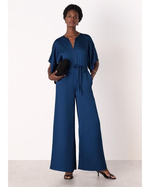 Whistles Blue Satin Short Sleeve Jumpsuit