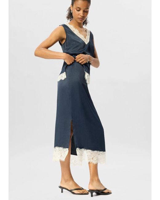Whistles Blue Lace Hem Satin Midi Skirt