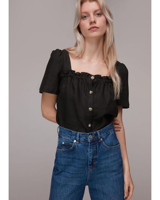 Whistles Square Neck Linen Top in Black 