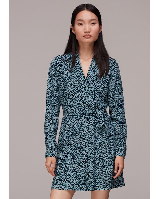 Whistles Blue Contrast Leopard Belted Dress