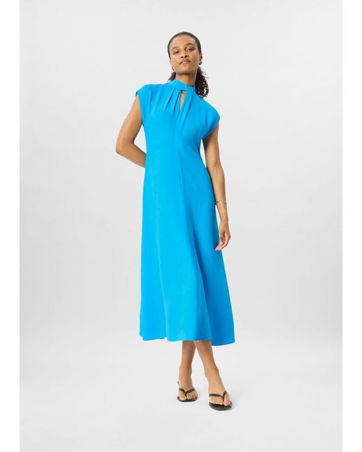Whistles Blue Petite Twist Neck Crepe Midi Dress