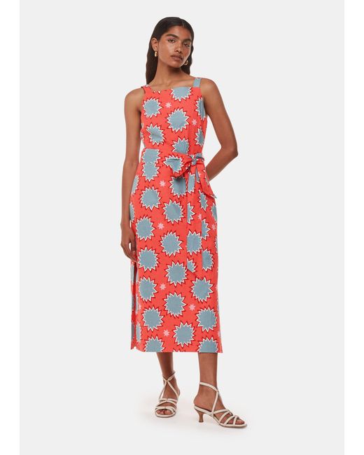 Whistles Red Petite Sunburst Linen Blend Dress