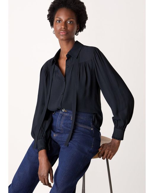 Whistles Blue Tie Detail Crepe Blouse