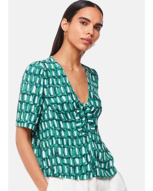 Whistles Green Linked Smudge Tie Front Top