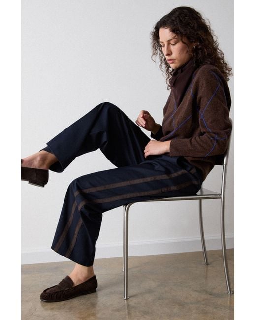 Whistles Blue Petite Side Stripe Straight Trouser