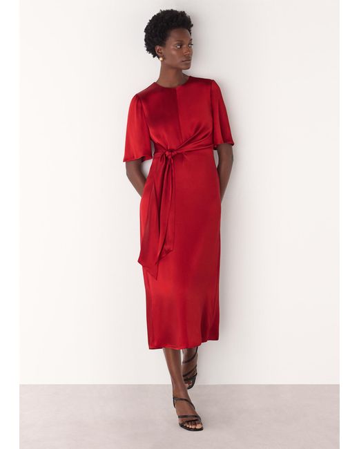 Whistles Red Satin Twist Waist Midi Dress