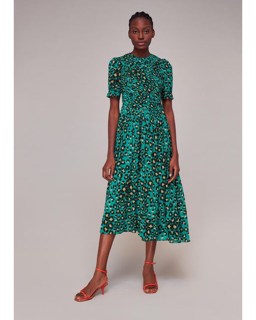 Whistles Green Painted Leopard Shirred Dress