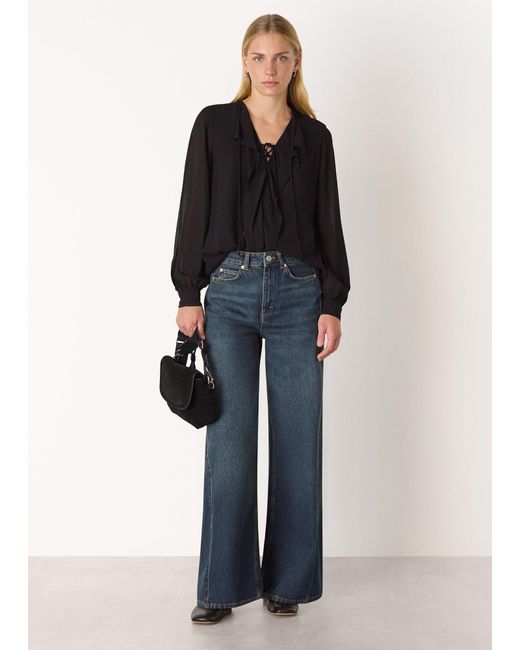 Whistles Blue Sheer V Neck Frill Blouse