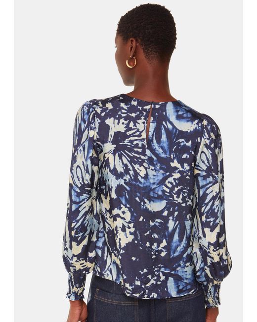 Whistles Blue Botanical Satin Keyhole Blouse