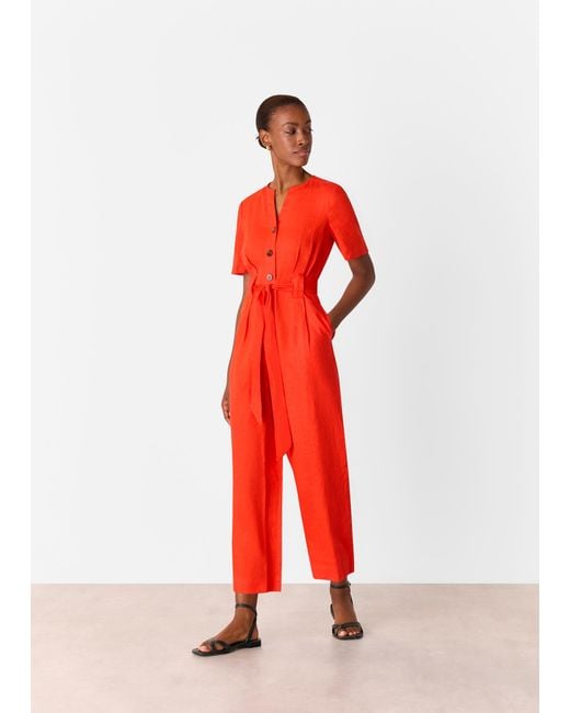 Whistles Red Petite Fiona Linen Button Jumpsuit