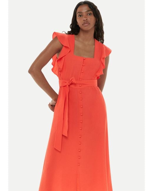 Whistles Red Sophie Frill Sleeve Midi Dress