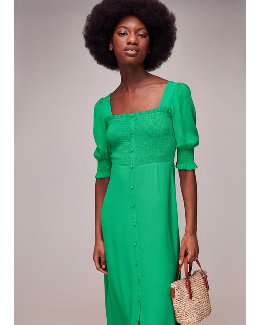 Whistles Luna Shirred Bodice Midi Dress in Green | Lyst UK