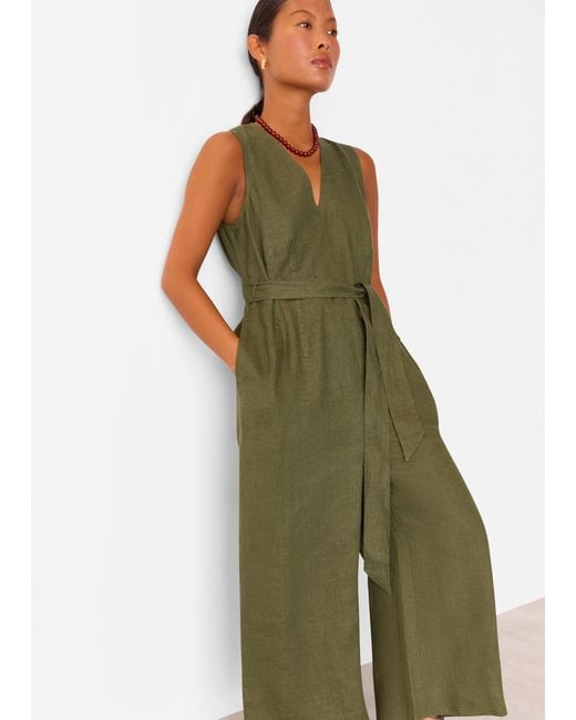 Whistles Green Petite Belted Seamed Linen Jumpsuit