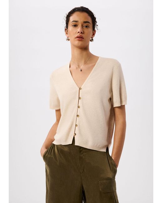 Whistles Natural Short Sleeve Button Front Knit