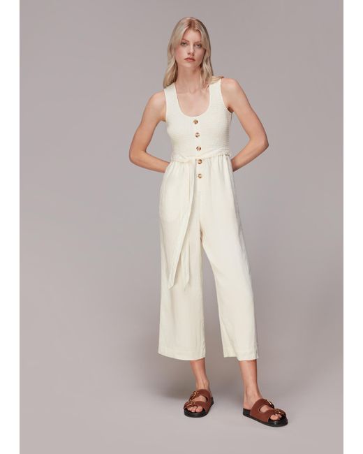 Whistles White Shirred Linen Jumpsuit