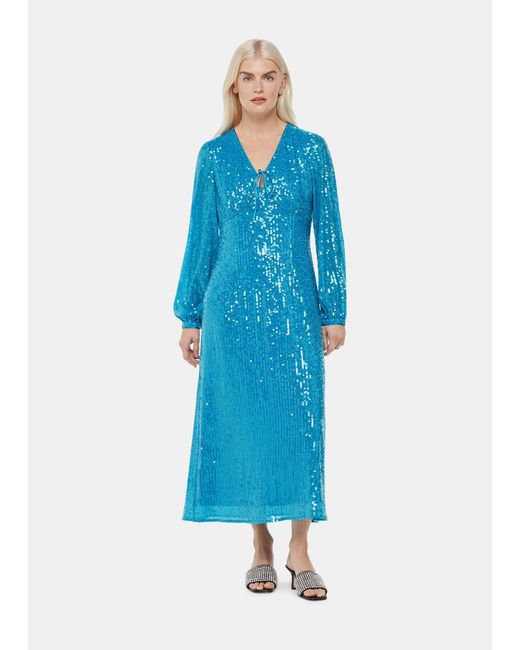 Whistles Blue Petite Sequin Keyhole Midi Dress