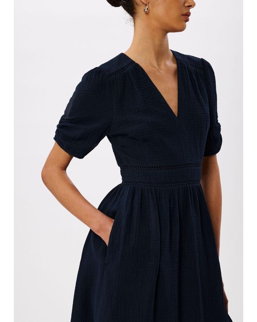 Whistles Blue V Neck Textured Midi Dress