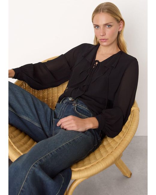 Whistles Blue Sheer V Neck Frill Blouse