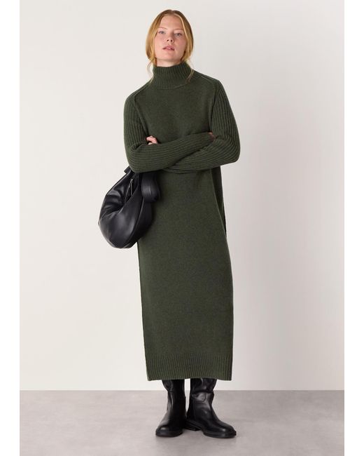 Whistles Green Funnel Neck Wool Midi Dress