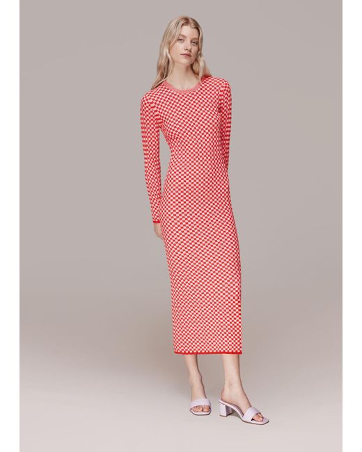 Whistles Checkerboard Knit Midi Dress In Pink Lyst 